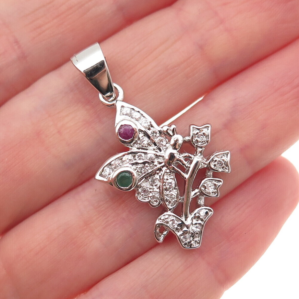 925 Sterling Silver Real Round-Cut Emerald Ruby & C Z Butterfly Charm Pendant